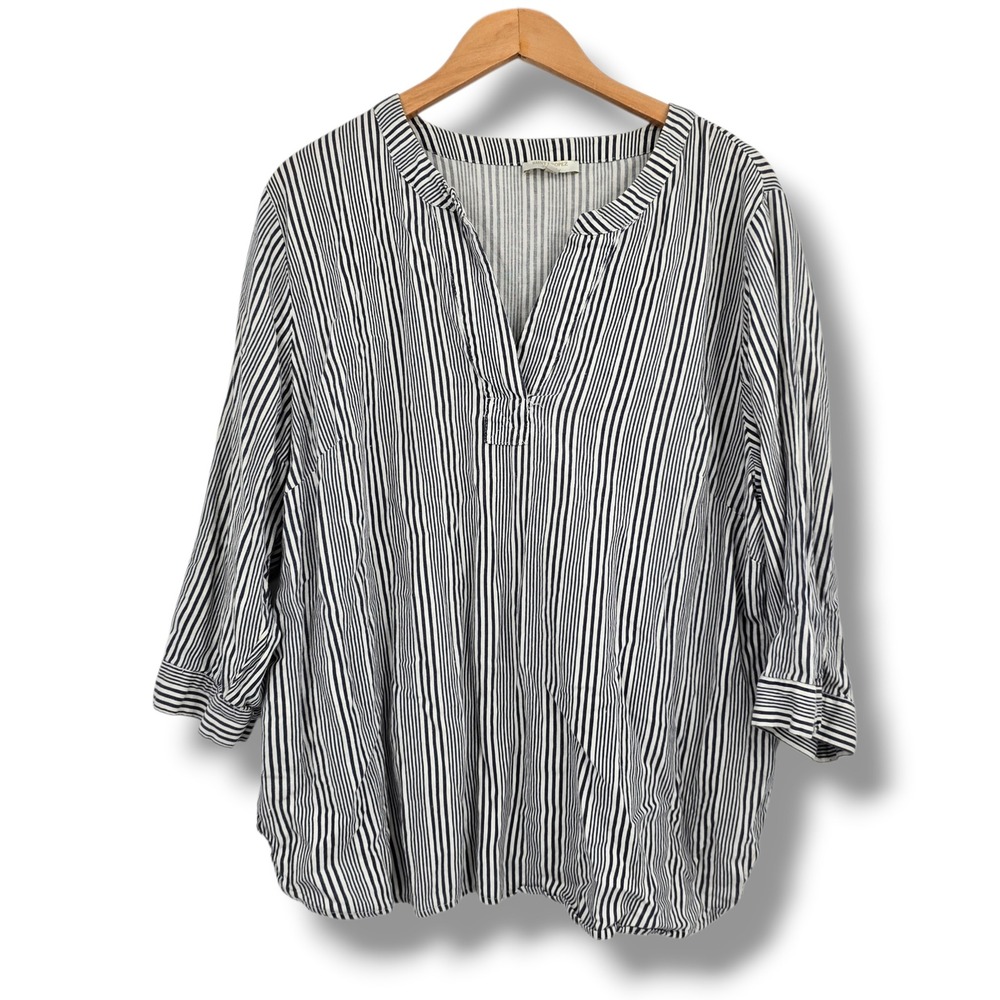 Saint Tropez West Womens 1X‎ Linen Blend Striped V-Neck Tunic Blouse Navy White